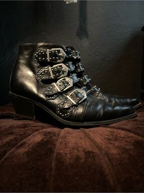 Studded Buckle Ankle Boots - Black